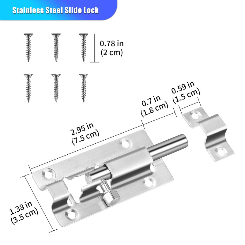 2 Pack Slide Lock, 3 Inch Barrel Bolt Latch, Premium Door Bolt Lock, Stainless Steel Slide Bolt Latch, Thickened Slide Latch Lock with 12 Screws, Slide Locks for Inside Door Silver - 2 Pack