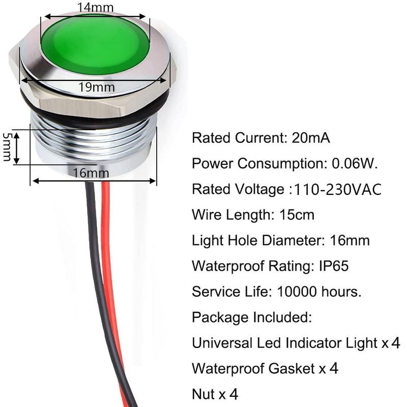 4pcs 110V 20mA Energy Saving Indicator Metal Indicator Lamp Waterproof Signal Lamp Hole Size 16mm Green LED (Spherical Surface Head)