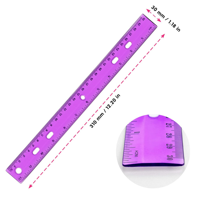 ZZTX 12 Pack Color Transparent Ruler Plastic Rulers 12 Inch, Metric Bulk Rulers with Inches and Centimeters, Kids Ruler for School, Home, Office