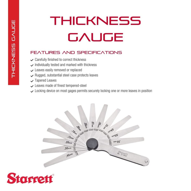 Starrett Tempered Steel Metric Thickness Gage with Tapered Leaves, Locking Device, Rugged and Substanial Steel Case - 0.03-0.50mm Thickness, 13 Leaves - 173MAT