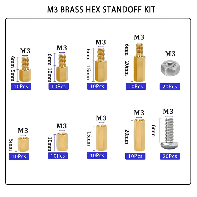 M3 Hex Male Female Brass Spacers Standoffs Screws Nuts Assortment Kit,120 Pcs M3 Hexagon Threaded Pillar,Hexagonal PCB Motherboard Spacer Bolt Screw Nut Assortment Kit Mounting for PCB,Circuit Board M3-Brass Standoff Kit-120Pcs