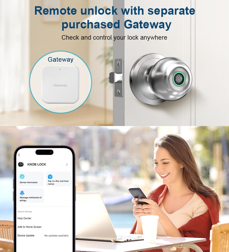 Smart Fingerprint Door Knob with App Control & Key, Keyless Thumbprint Entry for Bedroom, Home, Apartment, Office - Satin Nickel