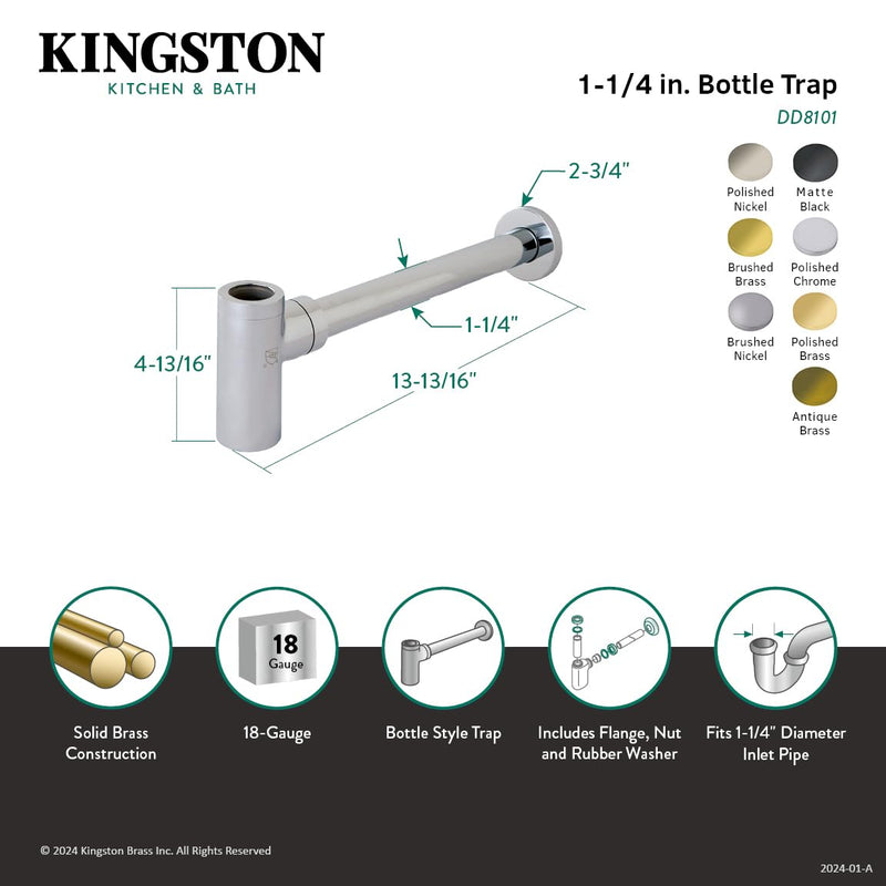 Kingston Brass DD8108 Fauceture Modern Bottle-Trap 12-Inch Vessel Sink Drain, Brushed Nickel