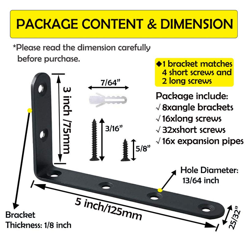 Corner Brace 8 Pcs Shelf Bracket Heavy Duty Black Steel L Corner Brace, Decorative Joint Angle Bracket for Shelf 5 InchX3 Inch Shelves Wall Hanging Bracket with Screws (125X75mm(5 InchX3 Inch)(4PCS) 5"Lx3"Wx0.78"W Black-8 Pack