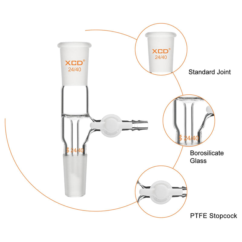 XCD Vacuum Flow Control Adapter, Precision Borosilicate Glass, Featuring a Standard 24/40 Joint and Integrated Side PTFE Stopcock for Regulating Vacuum Pressure in Distillation