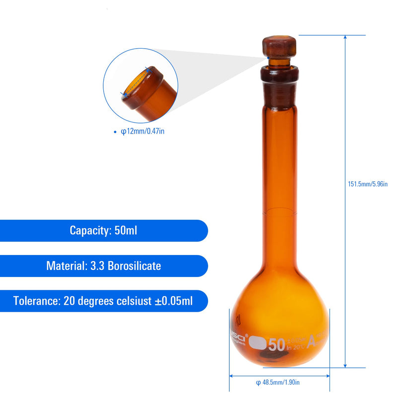 ALWSCI 2PCS 50ML Volumetric Flask, Class A, Glass Stopper for Laboratory | 3.3 borosilicate amber glass,Tolerance±0.050ml,NS12/14,ASTM-E288,autoclavable,chemical durable 50ml Amber Volumetric Flask