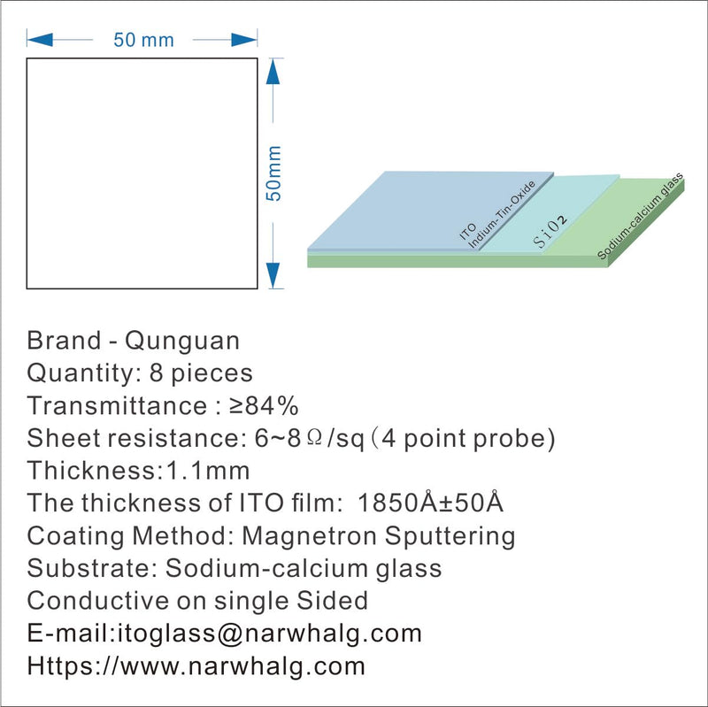 ITO （Indium tin Oxide）Coated Conductive Glass Slides 50×50mm Resistance 7 ohm/sq (8 Pcs) 50mm×50mm 8