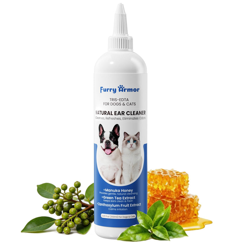 Pet Care Bundle – Itch Relief Ear Cleaner (8.45 oz) with Manuka Honey & Green Tea + 2% Chlorhexidine Skin Cleaning Pads (60 Wipes) – Non-Stinging Ear Wash & Non-Drying Grooming Wipes for D