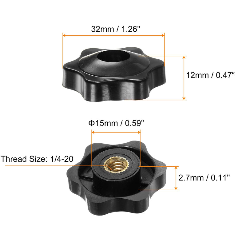 HARFINGTON 6pcs Star Knobs 1/4-20 Female Thread 1.26" (32mm) 6-Point Plastic Head Brass Insert Through Hole Screw-in Threaded Hand Knob Clamping Handle, Black 1/4-20 x 1.26"