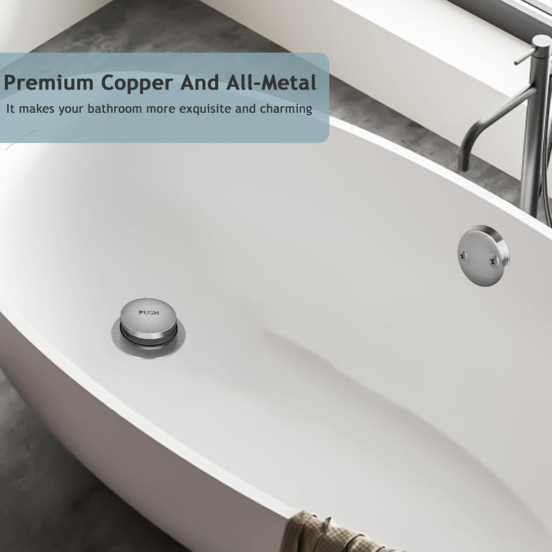 Tip-Toe Bathtub Drain Kit with Two-Hole Overflow Plate, Premium Quality Bath Tub Drain Replacement, Universal Fine/Coarse Thread Bathtub Stopper (Brushed Nickel) Brushed Nickel