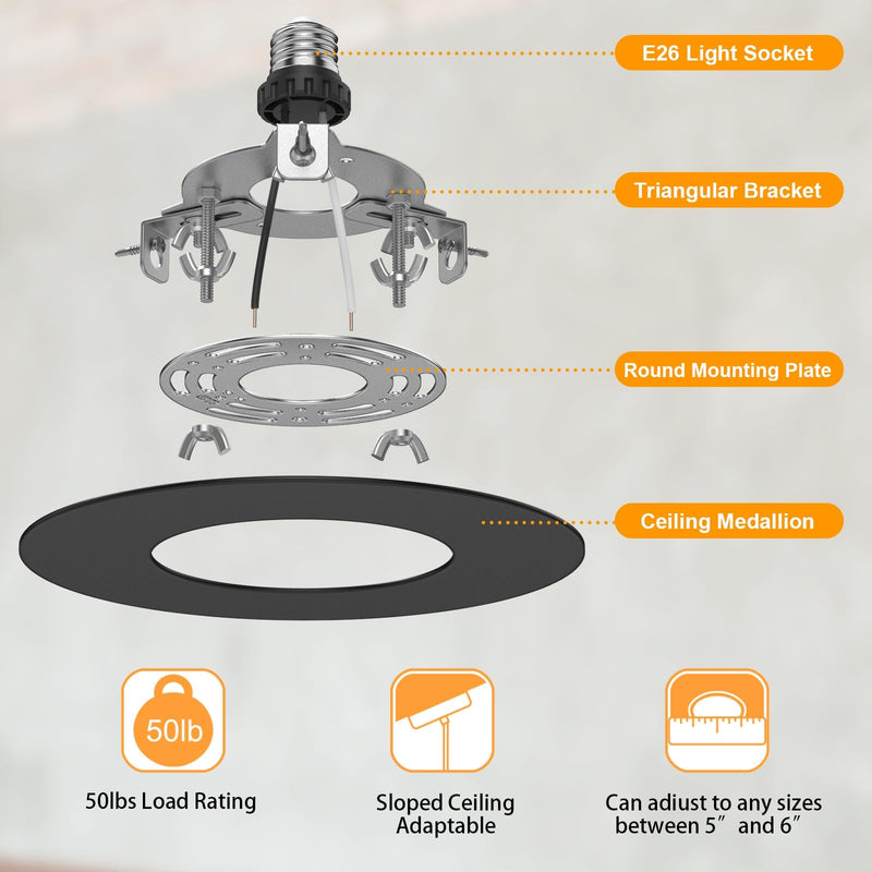 R5 and 6 Recessed Can Light Conversion Kit, Ceiling Light Fixture Upgrade, Pendant & Hanging Light, Ceiling Fan Compatible, 7¾ Inch Flat Steel Ceiling Medallion, Black Finish black-1pc