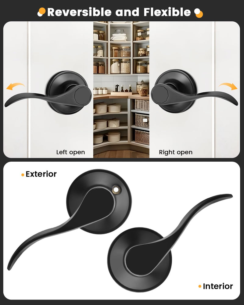 Gobrico 1 Pack Matte Black Passage Interior Door Lever Handles, Wave/Drop Style No Locking Reversible Door Knobs for Hallway Closet