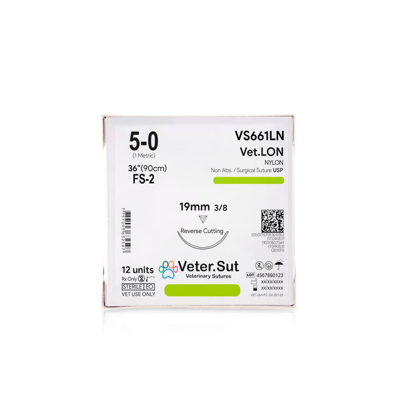 VeterSut VetLON Non-Absorbable Nylon Surgical Suture USP Size 5-0, (FS-2) 3/8 19mm Reverse Cutting Needle, 36 Inches (90 cm), 12 Count, Veterinary Use