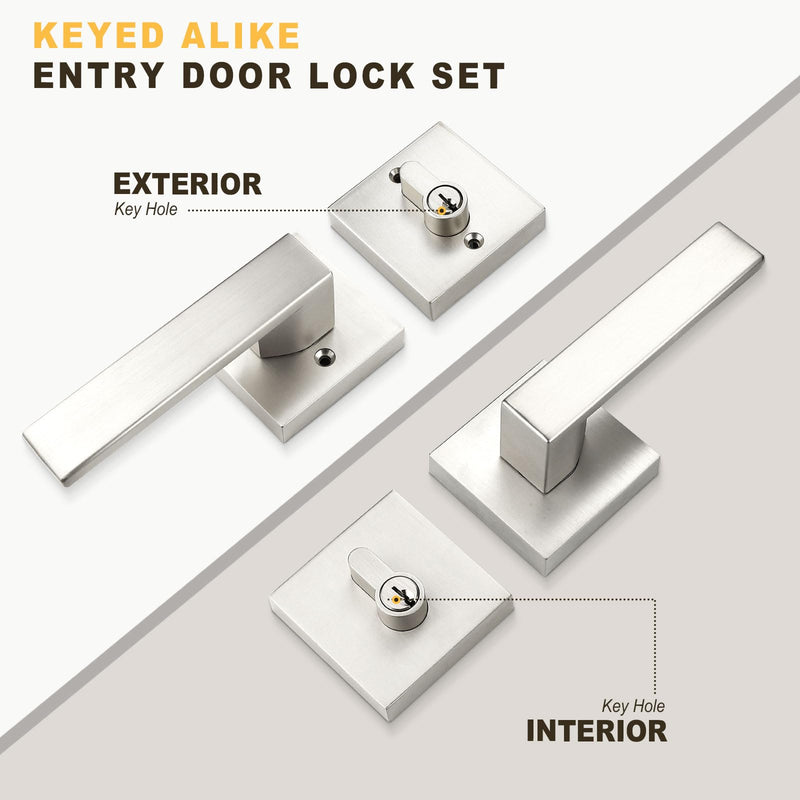 1 Pack Exterior Door Lockset with Deadbolt, Satin Nickel Passage Lever and Keyed Alike Double Cylinder Deadbolt, Reversible Square DoorHandleset for Bedroom, Front Door 1
