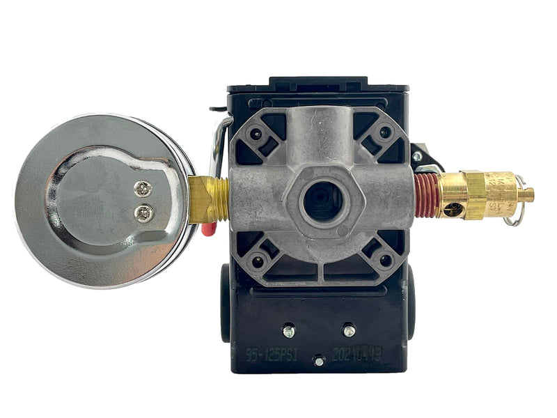 H/D Pressure Switch 4 Ports 95-125 psi w/150 psi Pop Off Valve, 26AMP, 0-200 psi Side Gauge Color Coded