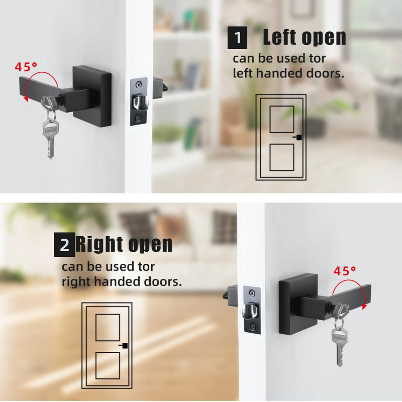 JO.KO Entry Door Lock Set, Square Door Lever for Bedroom, Passage Door Privacy Locking Interior/Exterior Entry Door Knob/Heavy Duty 1 Pack Matte Black