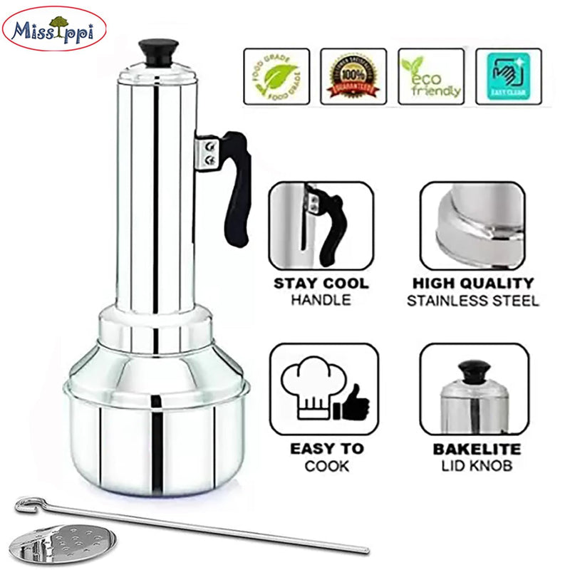 Stainless Steel Puttu Maker/Puttu Kudam with Steamer Plate,Steel Stick and Lid- 1 Unit - Long - 7 Inch