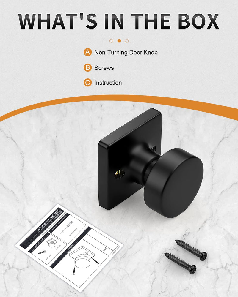 Probrico Matte Black Dummy Door Knobs Interior, Single Sided Dummy Door Handles for Closet 2 Pack, Standard Size Non-Turning Interior Flat Ball Knob Push/Pull Door Knob