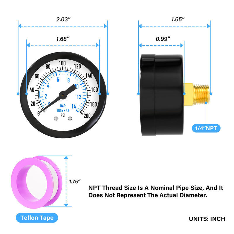 MEANLIN MEASURE 5PCS 0~200Psi Well Pump Pressure Gauge 1/4" NPT 2" FACE DIAL with Teflon Tape for Water Oil Air Well Pump Tank Tire Pressure Test Center Back Mount 0~200Psi/5PCS 1/4"NPT Back Mount