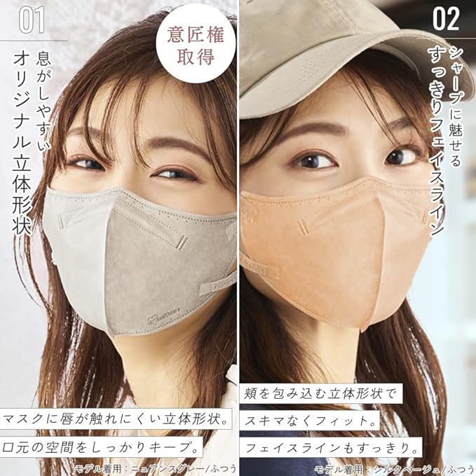 Iris Ohyama RN-F32SSB Non-woven 3D Mask, 3D Mask, 32 Pieces, Normal Size, 3D, Small Face, Daily Fit, Blood Mask, Cheek Mask, Color Mask, Beak, Stylish, Ears Painless, Silk Beige - NewNest Australia