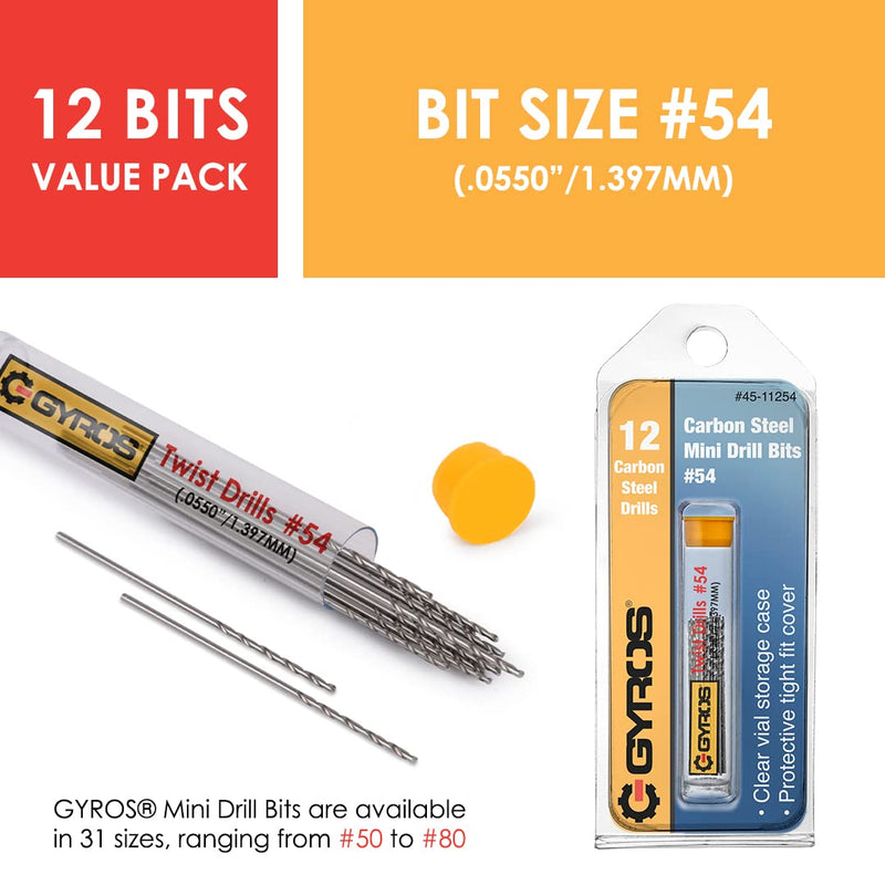 GYROS 12 PCS #54 Micro Drill Bit Set – Small Drill Bits for Jewelry, Plastic, Resin, & Soft Metal – Carbon Steel Wire Gauge Mini Twist Drill Bit Set for Pin Vise Hand Drill & Rotary Tool #54 (.0550”/1.397MM)