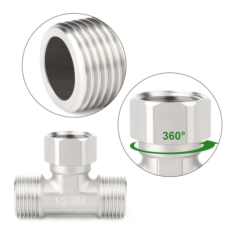 TAISHER 2PCS 304 Stainless Steel 3 Way Top Flexible Movable Tee Connector, 1/2" Male for Sprayer, Angled Valve, Shower Arm 1/2"Male(Top Movable Cap) 2
