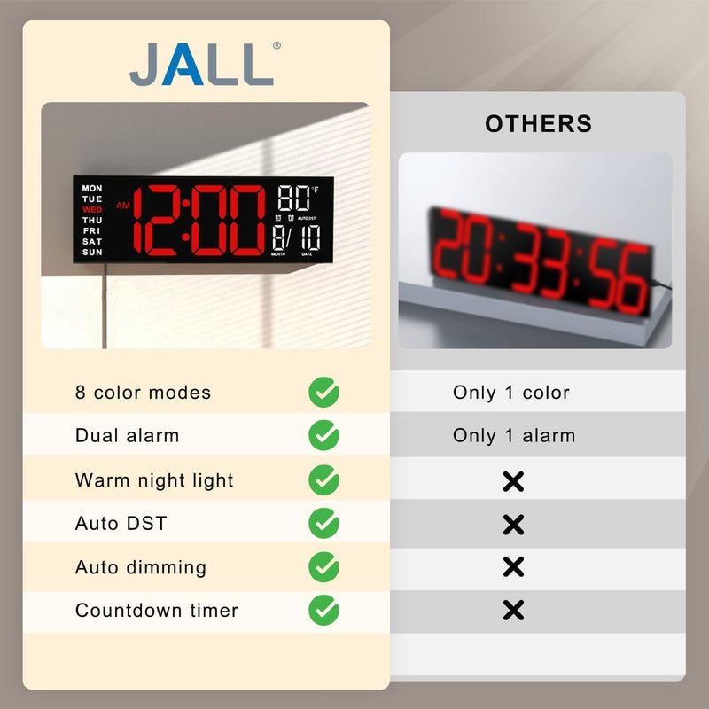 JALL 16" Large Digital Wall Mount Clock, Count Down Timer, Alarm, Big LED, RGB Color, DST, Temperature for Living Room Classroom Desk, Xmas, Birthday Gift for Senior Mom Dad (Red White, 16 inches) Red White