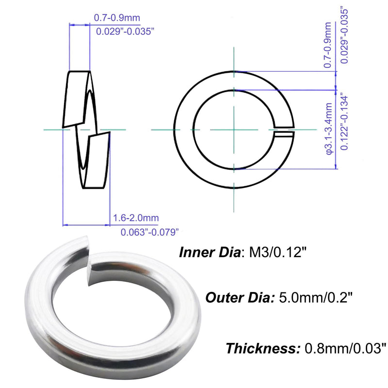 M3 Split Lock Washer,120PCS 304 Stainless Steel(18-8) Spring Lock Washers for Bolts Nuts and Screws,Silver M3 x 5 x 0.8mm -120PCS
