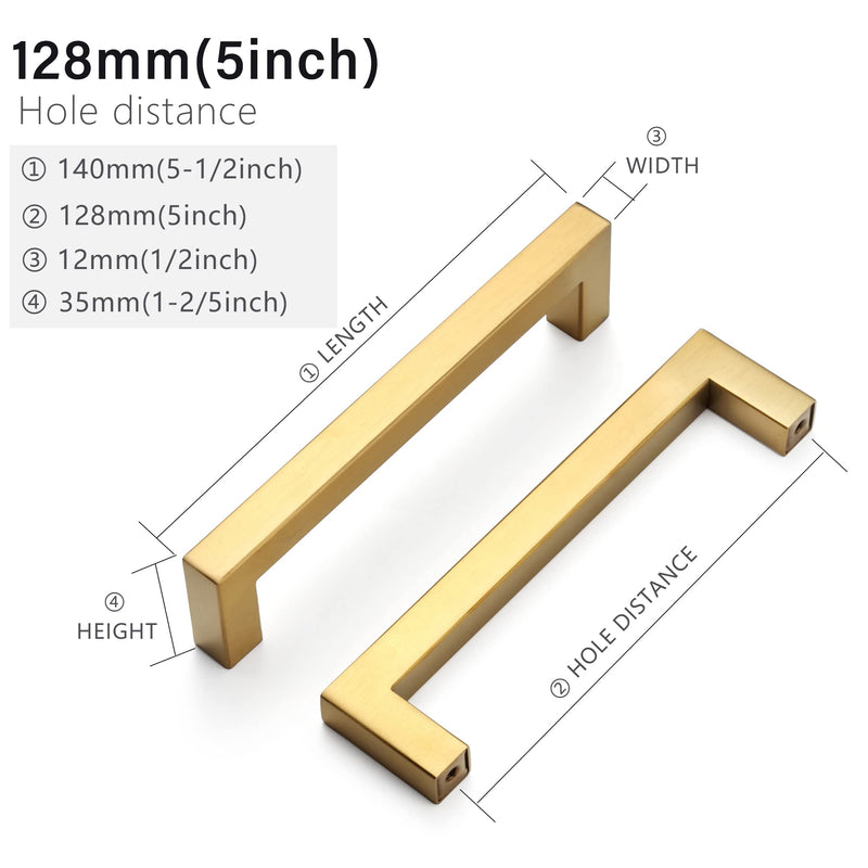 Cabinet Pulls Gold Cabinet Handles Square Drawer Pulls, 2 Pack 5 Inch Stainless Steel Kitchen Door Cupboard Cabinet Handles, Drawer Hardware Handles, 128mm Hole Centers 5 inch Hole Centers(128mm)