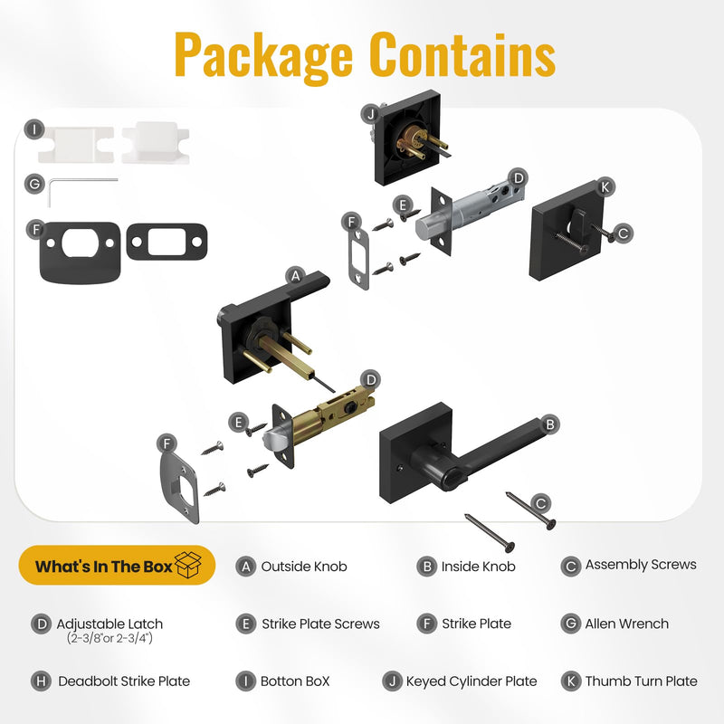HOSOM Entry Door Handle and Single Cylinder Deadbolt Front Door Lock Set, Keyed Alike Heavy Duty Exterior Door Lock Set, Door Lever with Lock & Keys for Office, Reversible Matte Black