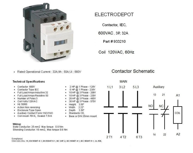 Electrodepot 30 Amp 3 Pole Contactor, 110-120V Coil, Motor Load 32A, Lighting 40A, 50A Bundle with Slotted Steel Zinc Plated DIN Rail, 35 Millimeters x 6 Inches – 1 Piece with 2 Number 10 Screws 3 Poles