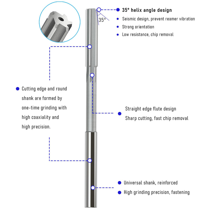Chucking Reamer 1/4", H7 HSS Cobalt M35 Lathe Machine Reamer Metric, 6 Straight Flutes, Round Straight Shank Milling Cutting Tool, for Stainless Steel Alloy Copper Metal 1/4 inch