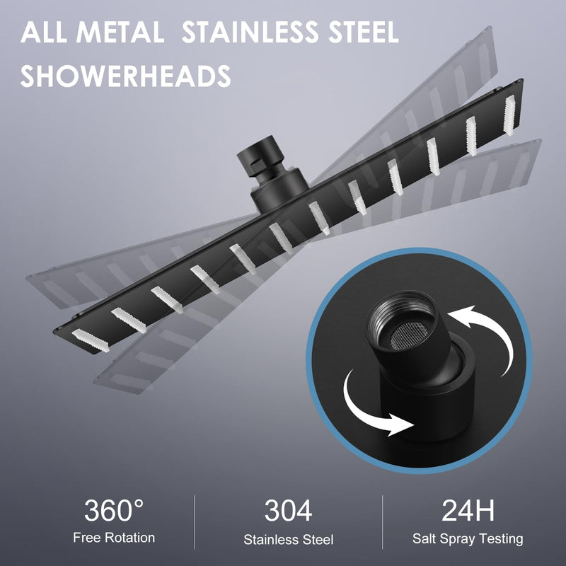 12 inch Matte Black Rain Shower Head - All Metal 304 Stainless Steel, Full Body Rainfall Shower with 144 Silicone Nozzles - Square Showerheads Ceiling or Wall Mount Modern Bathroom 12 Inch Square B-Matte Black