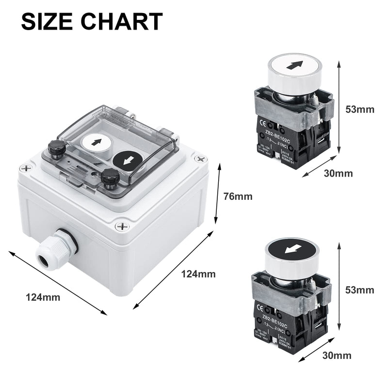 IP67 Button Switch Outdoor Waterproof Box 2 Push Button White Up Black Down Button with Protective Cover Anti-misoperation Switch(AC/DC 6A-110V/3A-240V/2.5A-380V) 2 Buttons-White Up & Black Down Self-Resetting
