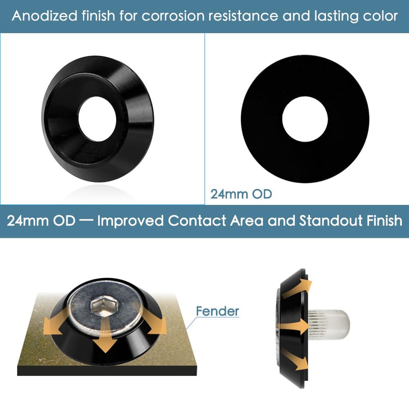 M8 24mm Aluminum Washer Bolt Kit for Exterior Bodykit Black | 24-set · engine bay dress-up · fender flares · bumpers · 5mm thick · rivet + nylon nuts · rubber spacers · CNC machined M8