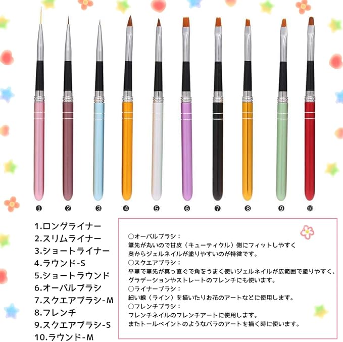 Chimoto Gel Nail Brush, Gel Nail Brush, Set of 10, Nail Art Brush, Cap Included, Nail Art Brush, French Brush, Oval Brush, Round Brush, Square Brush, Flat Brush, Angular Brush, Stylish, Fine Brush - NewNest Australia