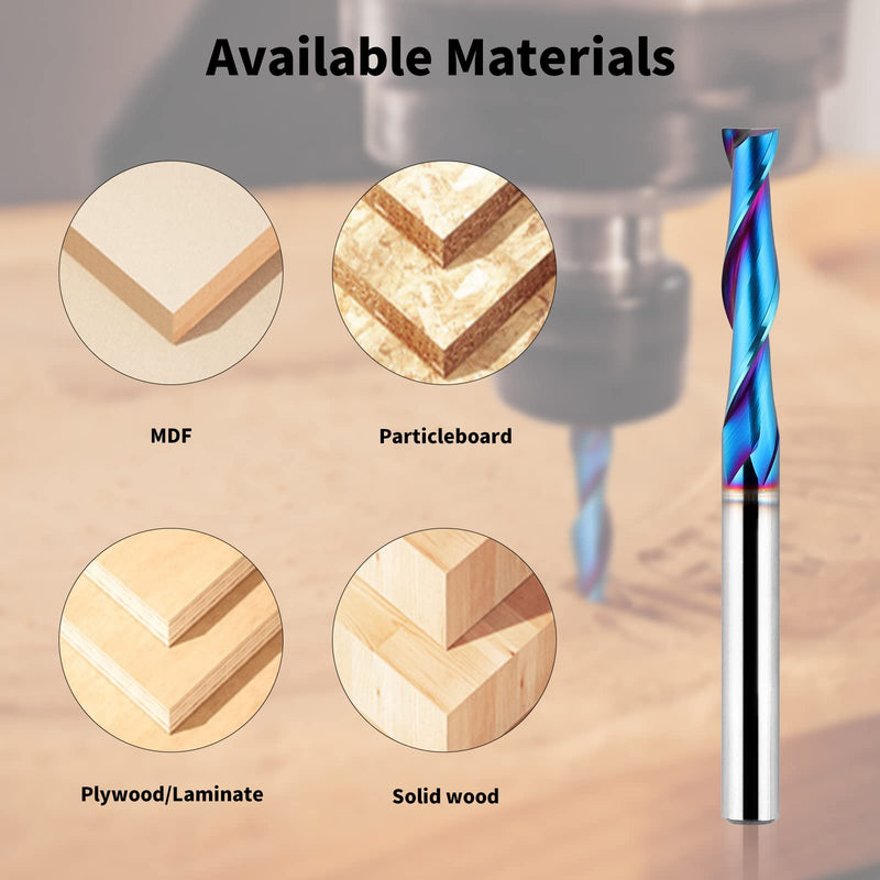 Upcut Spiral Router Bit 1/4 inch Shank, 1/4 inch Cutting Diameter, Extra Long 3 inch Solid Carbide with Nano Blue Coating CNC Router Bits End Mill for Wood Cut, Carving 3" OVL - Up Cut