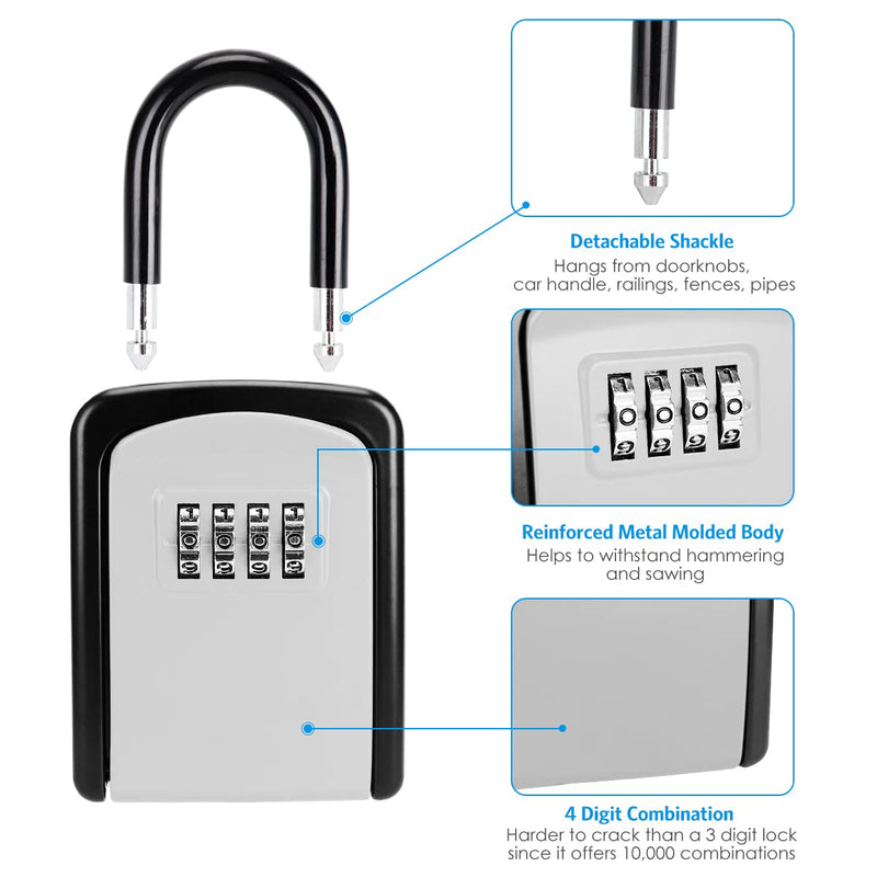 Key Lock Box, Upgraded Wall Mounted Key Safe Box, Weatherproof 4 Digit Combination Key Storage Lock Box, 5 Keys Capacity Lockbox with Removable Shackle for Indoor Outdoor, Small Size 3.66inch（Silver ） 1 Pack Silver