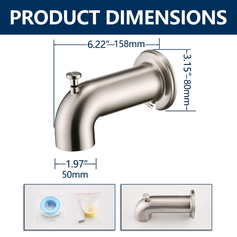 Slip-On Tub Spout with Diverter Long for Bathtub Spout, Fit for 1/2 Inch Slip Pipe, Brushed Nickel