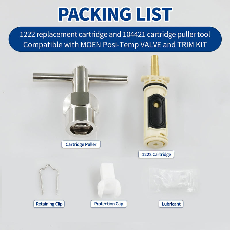 1222/1222B Cartridge Pressure Balancing with 104421 Removal Tool Replacement, Compatible with Moen Posi Temp Single Handle Tub/Shower Faucets Plumbing Repair Kit,Brass 2 1.0