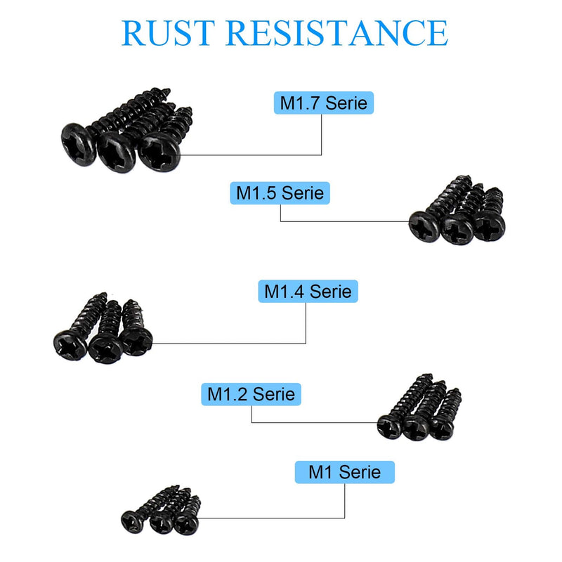 750pcs Black Tiny Screws for Electronics, M1, M1.2, M1.4, M1.5, M1.7 Very Small Phillips Pan Head Self Tapping Screws, Micro Wood Screws, Mini Electronic Screws Assortment Kit-Carbon Steel Black:M1-M1.7 Tiny Screws