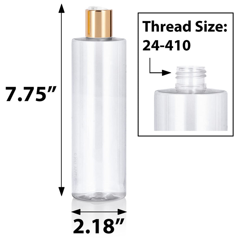 JUVITUS Clear 12 oz Professional Cylinder PET Plastic Bottles (BPA Free) (12 Pack, Gold Disc Cap) 12 Pack
