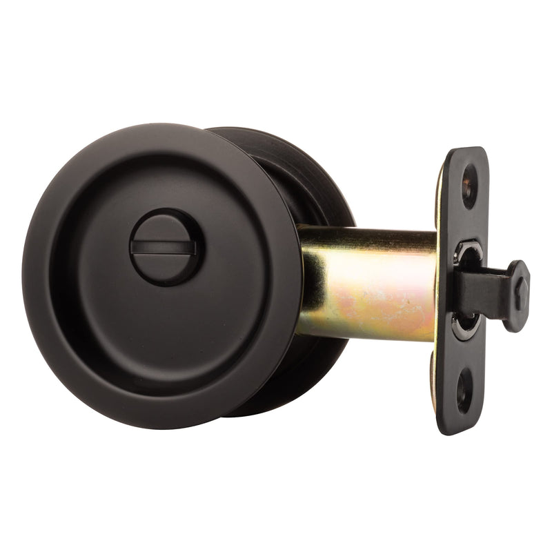Dynasty Hardware Pocket Door Latch, Round Sliding Handle for Bathroom or Bedroom, Locking Passage Pull, Easy Install Pocket Door Hardware, Flat Black Finish, 2-3/8" Backset, Universal Fit