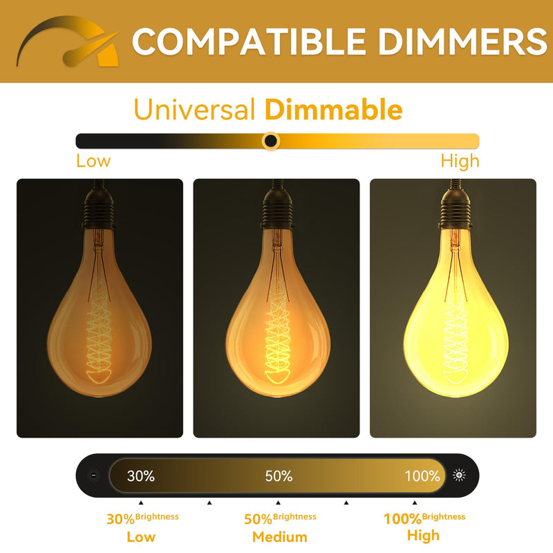 Jslinter Oversized Incandescent Light Bulb 60 Watt, PS52/PS160 Edison Bulb | 2700K warm amber, Dimmable for ambiance, E26 medium base fits standard sockets, 100LM suitable for living room café decor