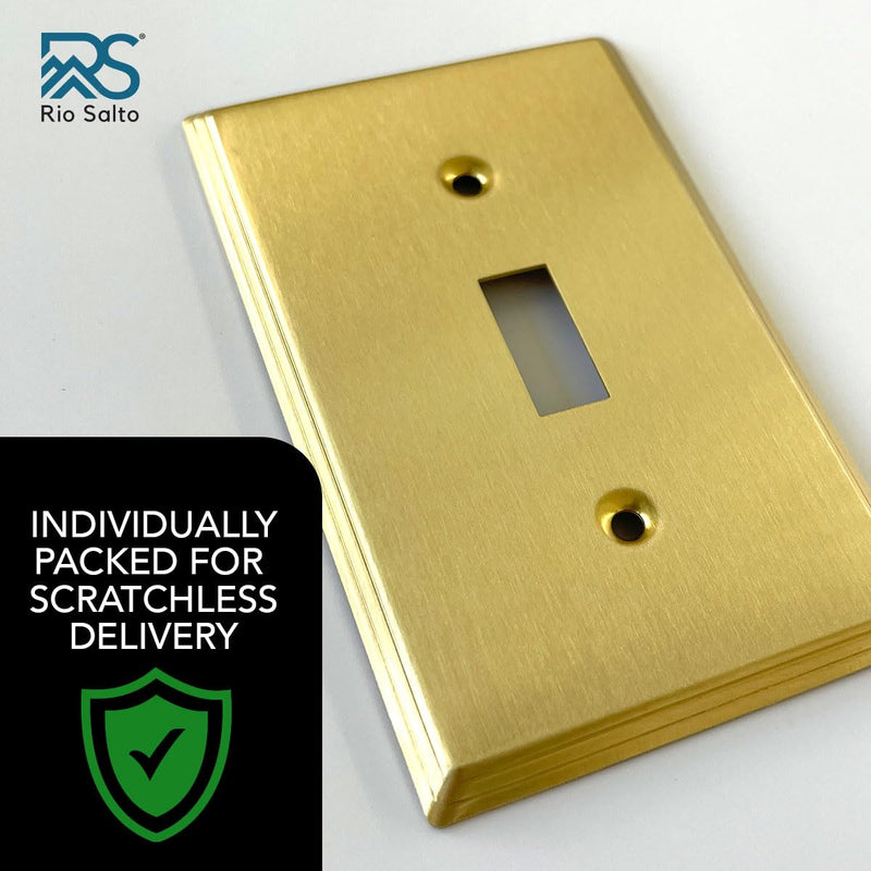Rio Salto BRASS Modern Metal Gold Toggle Light Switch Covers Wall Plate Single Toggle Switch Wallplate Decorative Gold 1 Gang Wall Switch Plate Covers Genuine Brushed Brass Standard Size Toggle Switch 1-Gang (1-Pack)