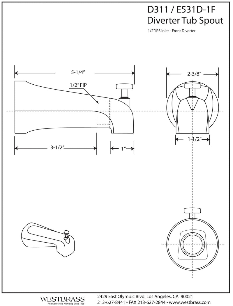 Westbrass A311-12 5-1/2" Reach Brass Wall Mount Tub Spout with Nose Diverter, Oil Rubbed Bronze