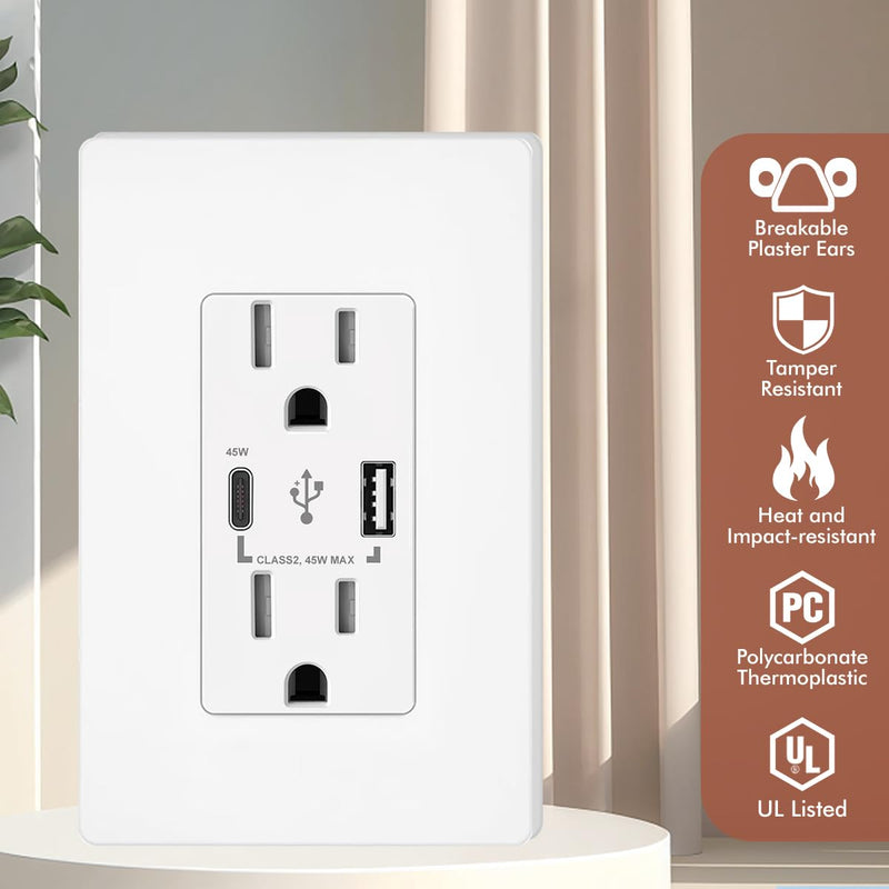 Micmi USB C Outlet PD 45W Power Delivery Decorator Receptacle 4.8A Receptacle, in-Wall Charger with 15 Amp, 125 Volt Tamper-Resistant Outlet Charger (2, White, USB C+A PD 45W) 2