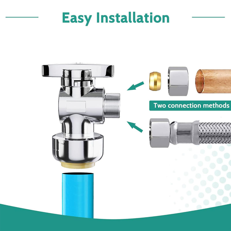 VINTEX 10 Pack Angle Stop Valve 1/2"Push X 3/8" Threaded Compression, 1/2 Inch Push x 3/8 Inch Compression Water Shut Off Valve, 9/16-24UNEF Thread, Copper, CPVC, PE-RT