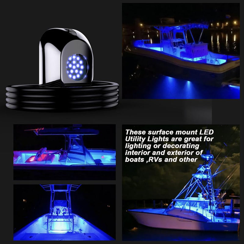 2PCS 3" Blue LED Marine Boat Lights, 18 LED Stainless Steel Underwater Transom Light, IP68 Waterproof Surface Mount Courtesy Deck Light, 10-30V Fishing Night Lights for Pontoon Yacht RV 18LED