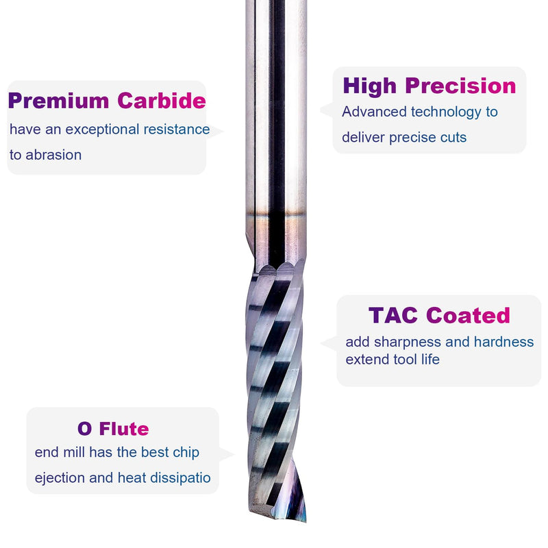 SpeTool O Flute CNC Router Bit 1/4 Inch Shank 1 Inch Cutting Length with Extra Long Life Coating Single Flute End Mill for Acrylic Aluminum Wood Cut 1/4" Dia-1" CL-1/4" Shank